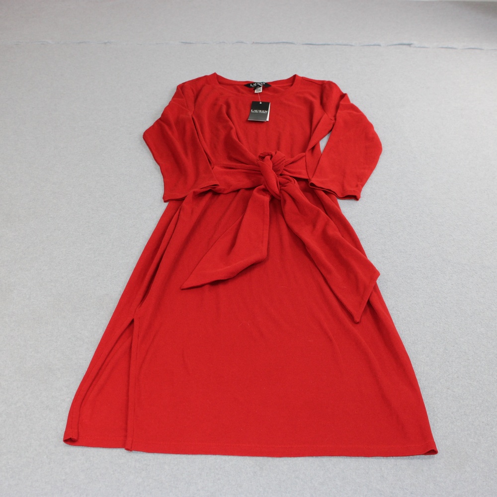 Lauren Ralph Dress Women Medium Red Belted Tie Midi Long Sleeve Stretchy Comfort